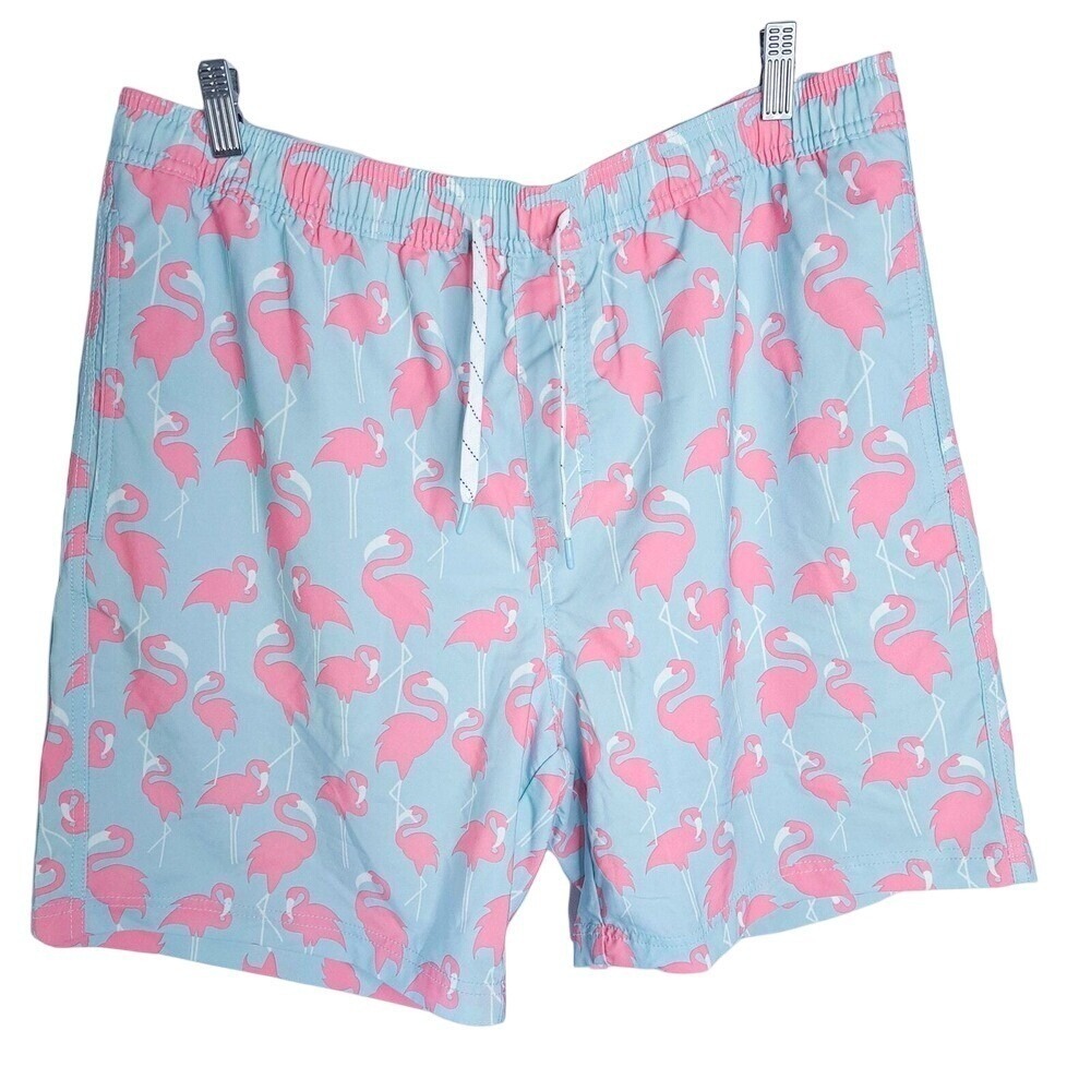 Elysian Swim‎ Trunks Mens XL Blue Pink Flamingo Print Board Shorts Drawstring